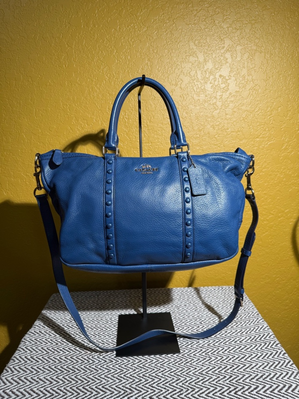 Coach Blue Pebble Leather Central Satchel with Studs - Picture 9 of 11